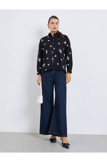 Women Black Floral Embroidered Shirt