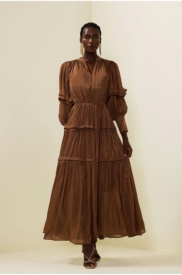 Angélique Pleat V-Neck Midi Dress in Coffee