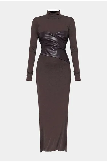 Faux Leather Crossed Ruched Long Sleeve Maxi Dress