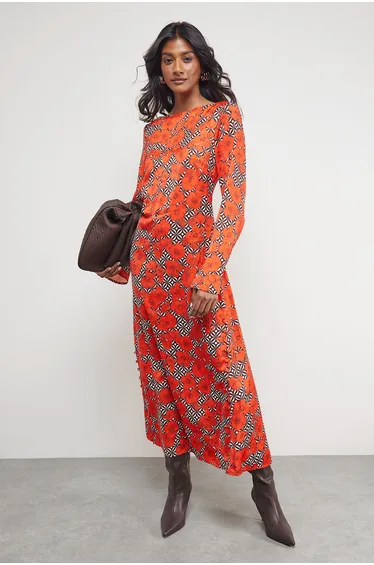 Floral Crinkle Satin Bias Button Side Midi Dress