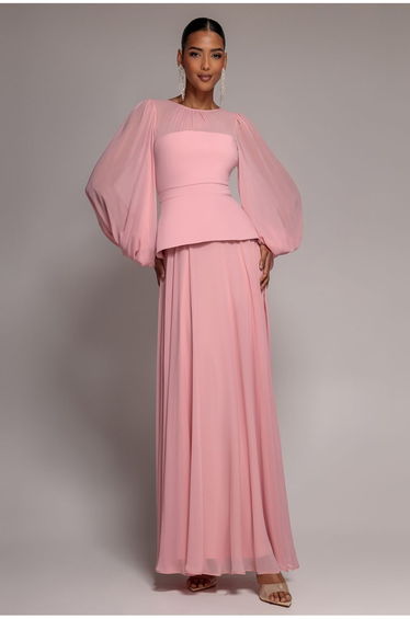 Bishop Sleeve Peplum Top Scuba Crepe And Chiffon Maxi Dress - Blush Pink by Goddiva