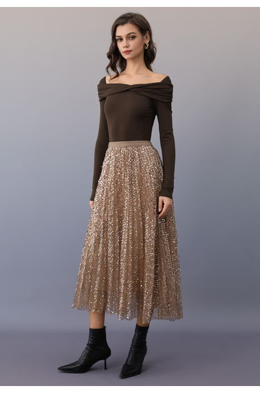 Folded Shoulder Twist Long Sleeve Top in Brown