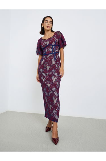 Women Navy Blue All-Lace Sheath Maxi Dress