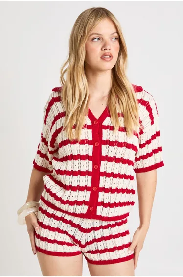 Petite Crochet Stripe Collared Shirt and Short Co-Ord - red