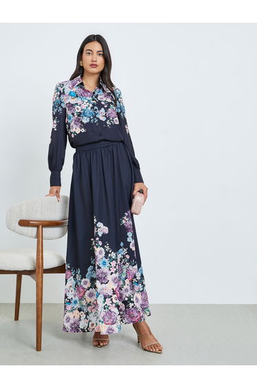 Navy Blue Floral Print Shirt and Maxi Skirt Co-ords