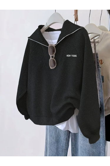 Black Relaxed Fit Sweatshirt with Zip Detail