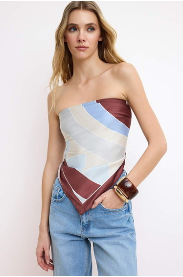 Brown Geometric Pattern Versatile Satin Shawl Blouse