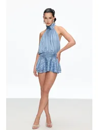 Bernique Halter Neck Ruch Ruffle Mini Dress In Blue