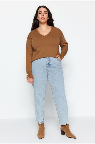 Mink V-Neck Button Detailed Knitwear Sweater