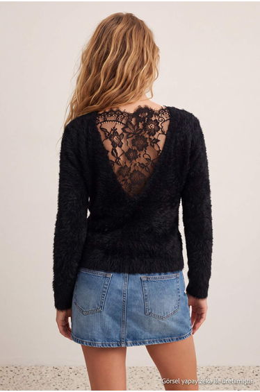 Black Soft Lace Detailed Oversize Knitwear Sweater product thumbnail 4
