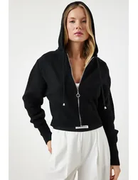 Women's Black Hooded Zipper Knitwear Cardigan