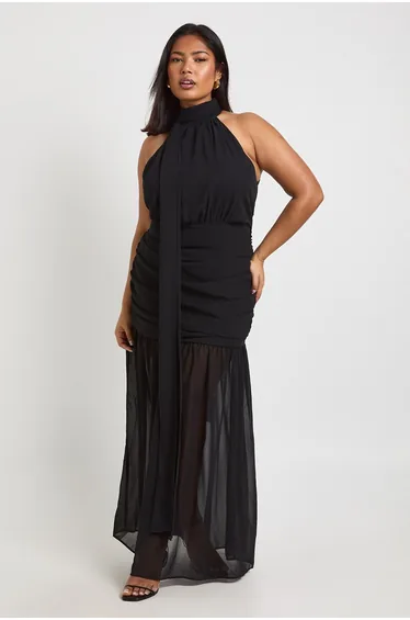 Plus Halter Neck Scarf Detail Flared Skirt Maxi Dress - black