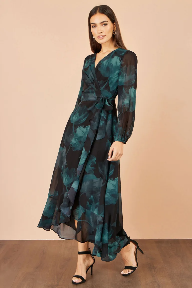 فستان ميدي بتصميم لف بطبعة أزهار - أسود - 3