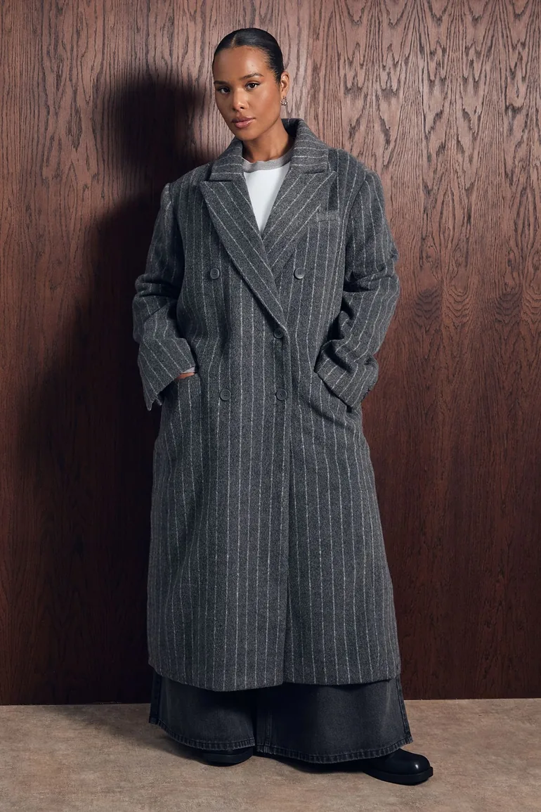 Plus Pinstripe Double Breasted Wool Look Coat - grey