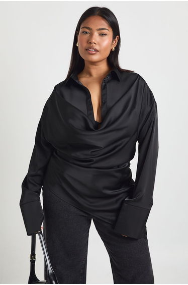 Plus Satin Cowl Neck Shirt - black product thumbnail 2