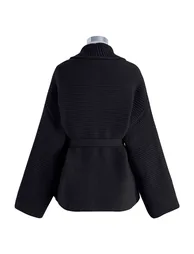 Collared Self-Tie Wrap Waffle Knit Cardigan in Black - 8