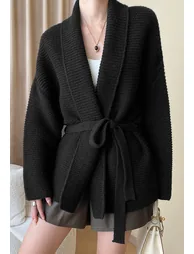 Collared Self-Tie Wrap Waffle Knit Cardigan in Black