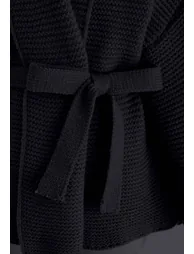 Collared Self-Tie Wrap Waffle Knit Cardigan in Black - 4