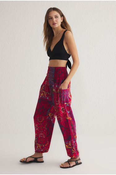 Red Ethnic Patterned Trousers Elasticated Shalwar Form Woven Trousers product thumbnail 2