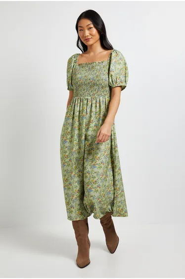 Petite Green Ditsy Shirred Bodice Puff Sleeve Midi Dress