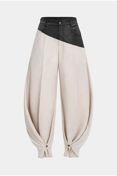 Faux Leather Ruched Patchwork Barrel Trousers