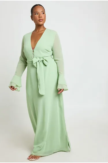 Plus Button Detail Ruffle Sleeve Maxi Dress - sage