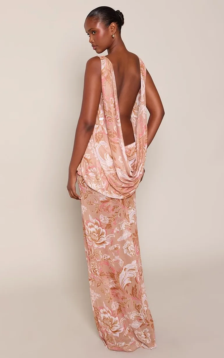 Peach Floral Print Mesh Boat Neck Puffball Backless Maxi Dress - 1