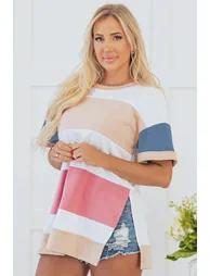Multicolour Colorblock Patchwork Side Split Tunic T Shirt - 2