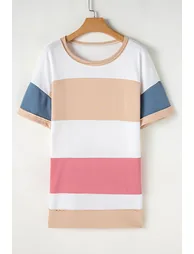 Multicolour Colorblock Patchwork Side Split Tunic T Shirt - 8