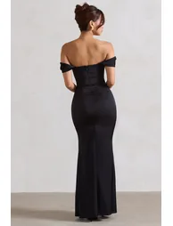 Kimberly | Black Bardot Fishtail Satin  Dress - 1