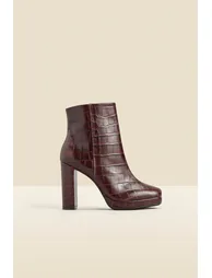 Chocolate Croc Leather Block Heel Platform Ankle Boot
