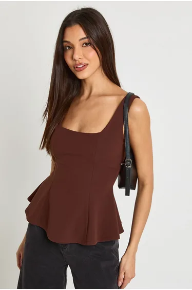 Scoop Neck Peplum Top - chocolate