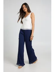 Plisse Wide Leg Trouser - navy