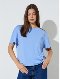 Blue Plain Front Pocket Boxy T-Shirt - 2