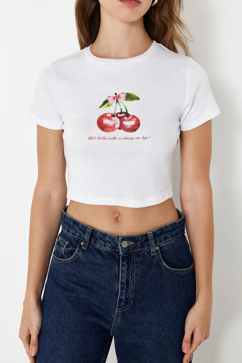 White 100% Cotton Cherry Printed Crop Fitted Flexible Knitted T-Shirt - 3