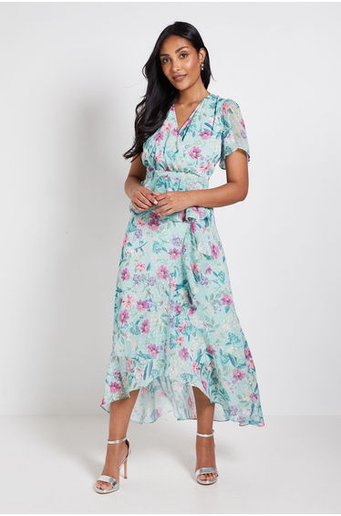 Petite Floral Ruffle Peplum Midi Dress