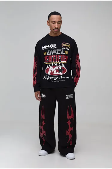 Wide Leg Moto Graphic Joggers - black