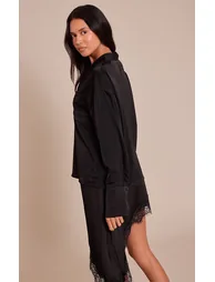 Black Satin Long Sleeve Shirt - 1