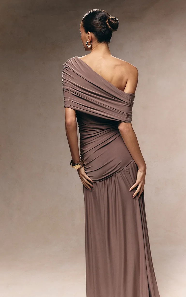 Taupe Double Layer Slinky Bardot One Shoulder Ruched Maxi Dress - 2