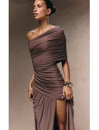 Taupe Double Layer Slinky Bardot One Shoulder Ruched Maxi Dress - 1