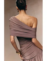 Taupe Double Layer Slinky Bardot One Shoulder Ruched Maxi Dress - 3