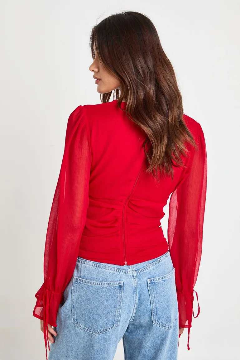 Chiffon Tie Cuff Blouse - red - 1