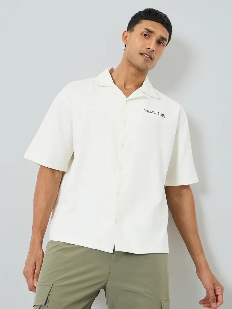 Men Cream Graphic Print Camp Shirt - 2