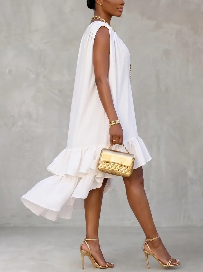 High-Low Loose Pleated Ruffled Solid Color Deep V-Neck Mini Dresses - 2