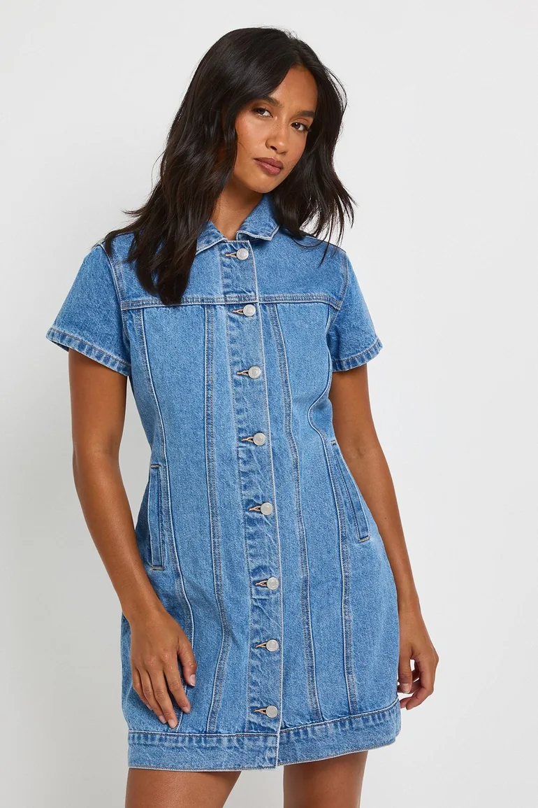Petite Western Denim Short Sleeve Mini Dress - mid blue - 1
