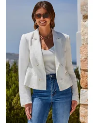 Ivory Linen Blend Double Breasted Blazer - 2