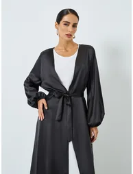 Women Black Solid Long Sleeve Stain Abaya - 1