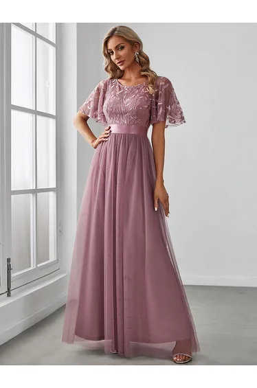 Sequin Print Floor-length Evening Dresses with Cap Sleeves