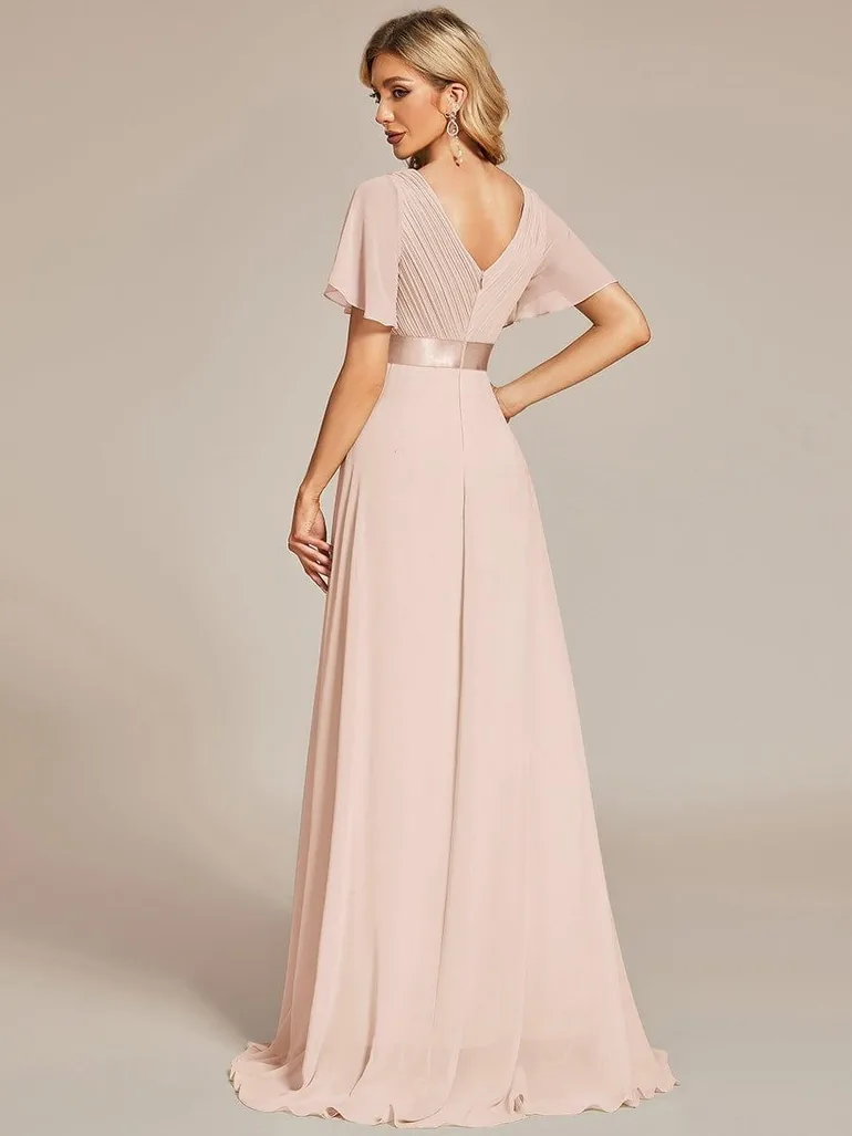 ever MONICA|Long Empire Waist Bridesmaid Dress with Short Flutter Sleeves - 1