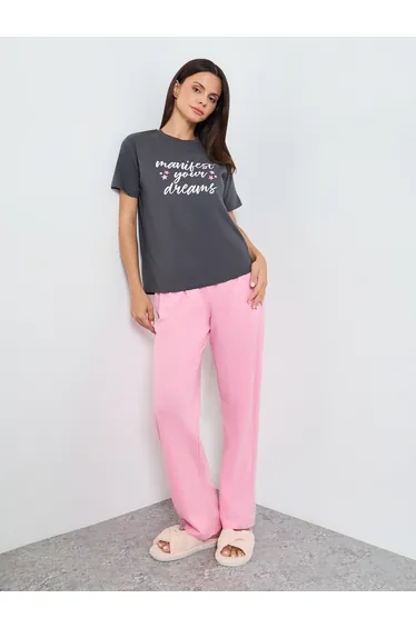 Slogan Print Cotton T-Shirt and Solid Pyjama Set